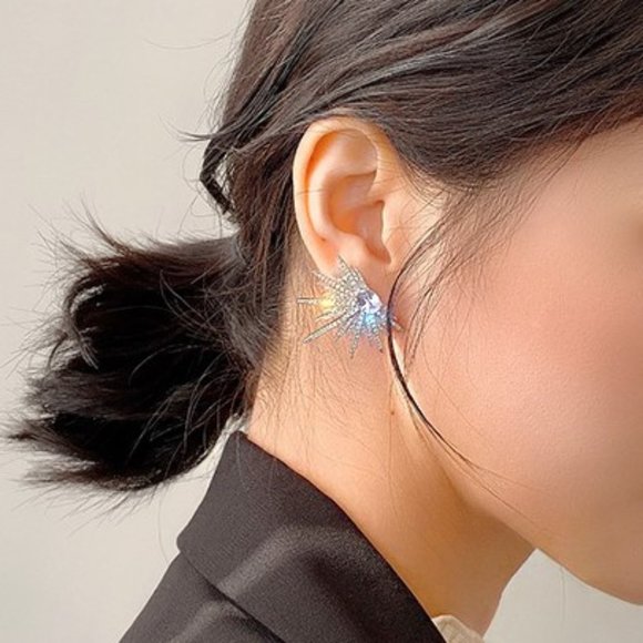 New 925 Stamped Radiation Silver Plated Rhinestone Spikes Stud Earing Crystal - Picture 4 of 6